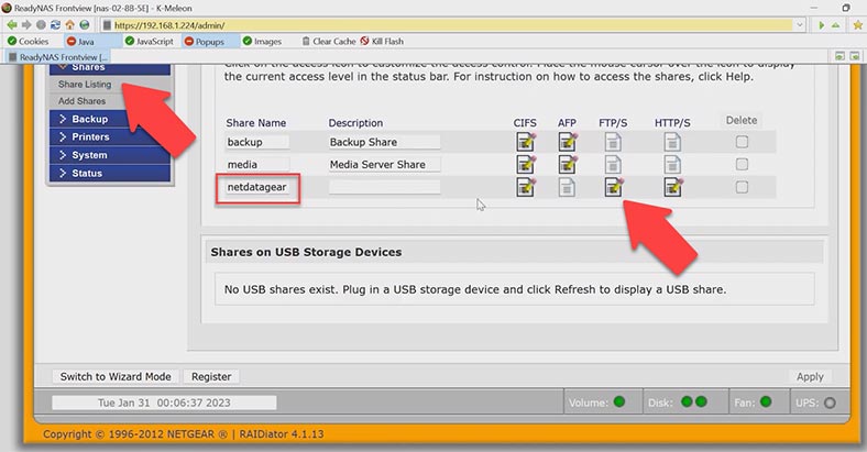 Configurando configurações de segurança de compartilhamento de rede Netgear ReadyNAS Duo RND2000