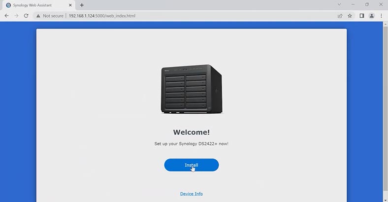 Running initial setup of the operating system for Synology NAS DS2422+