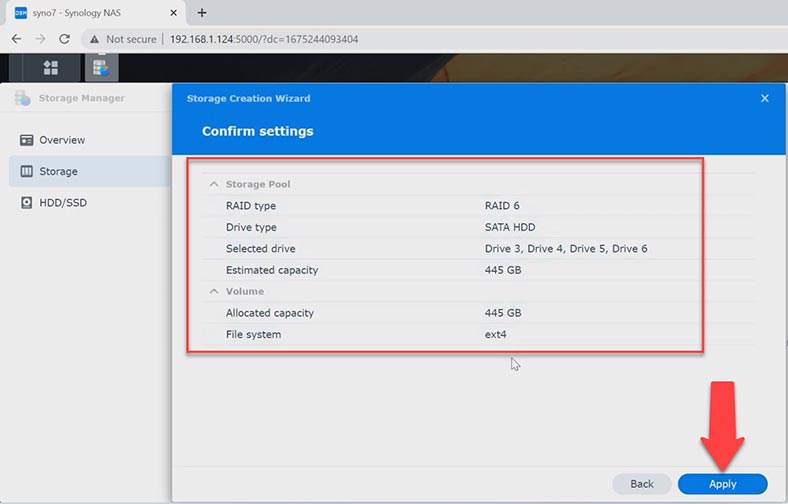 Vérification des paramètres du futur RAID sur Synology NAS DS2422+