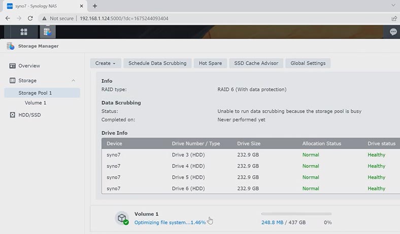 The process of building and optimizing a disk array on Synology NAS DS2422+