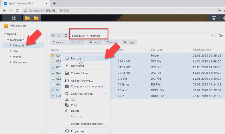 Wiederherstellen von Dateien aus dem Papierkorb auf dem Synology NAS DS2422+