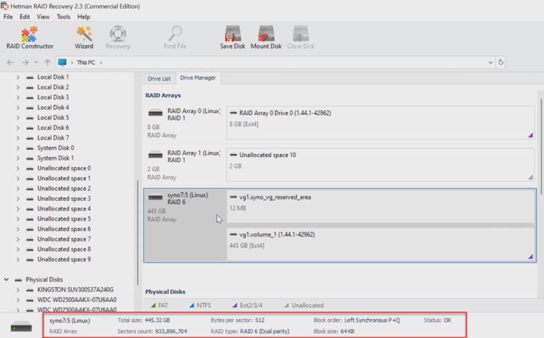 Hetman RAID Recovery a correctement identifié la matrice RAID