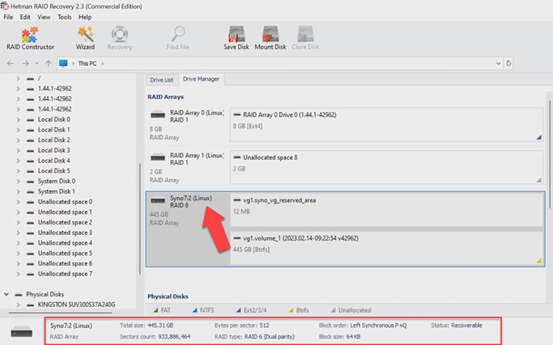 Hetman RAID Recovery reconstruiu automaticamente o array