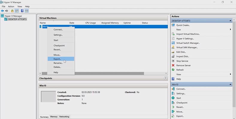 Експорт віртуальної машини Hyper-V