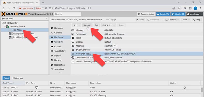 Disconnecting the hard disk from Proxmox virtual machine