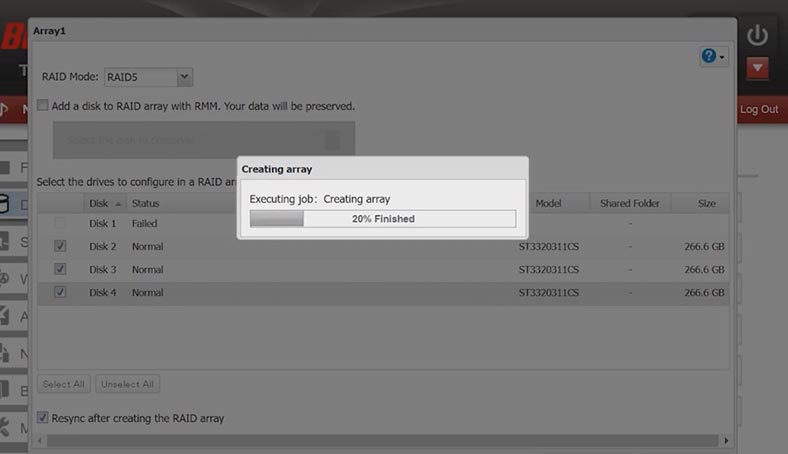 Процес побудови масиву на Buffalo TS5400D NAS