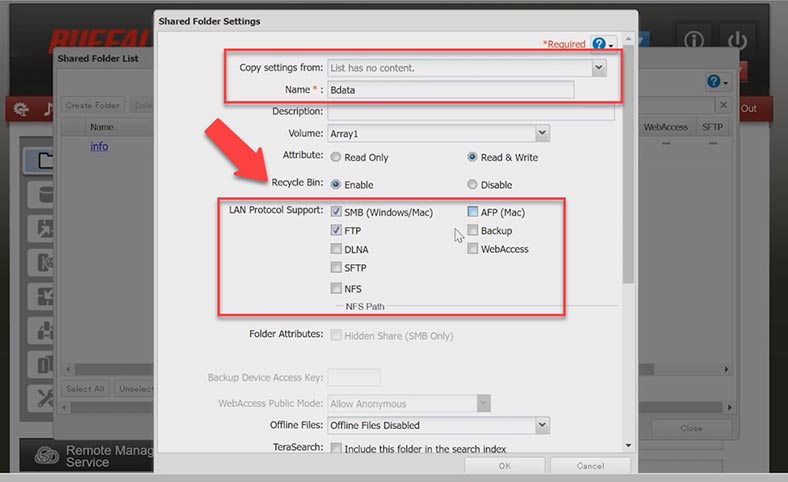 Configuring settings and protocols for the shared folder