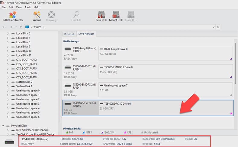 Hetman RAID Recovery has rebuilt the array automatically