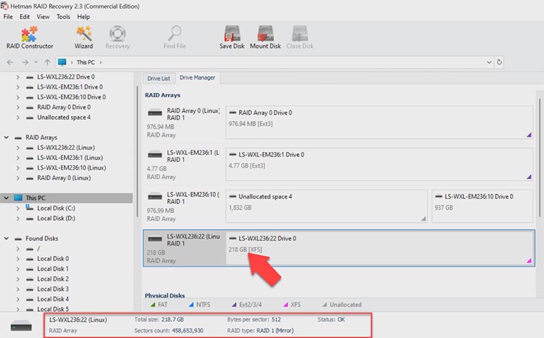 Hetman RAID Recovery reconstruyó automáticamente la matriz