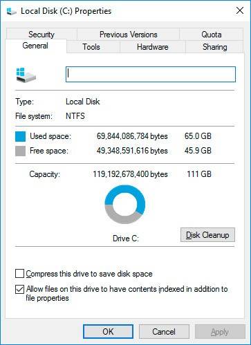 Right-click on the drive C in the folder This PC and select Properties