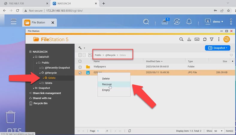 Recovering files from the recycle bin on Qnap QTS 5.1