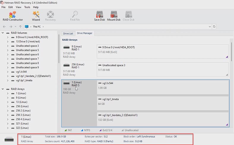 Hetman RAID Recovery a reconstruit automatiquement la matrice