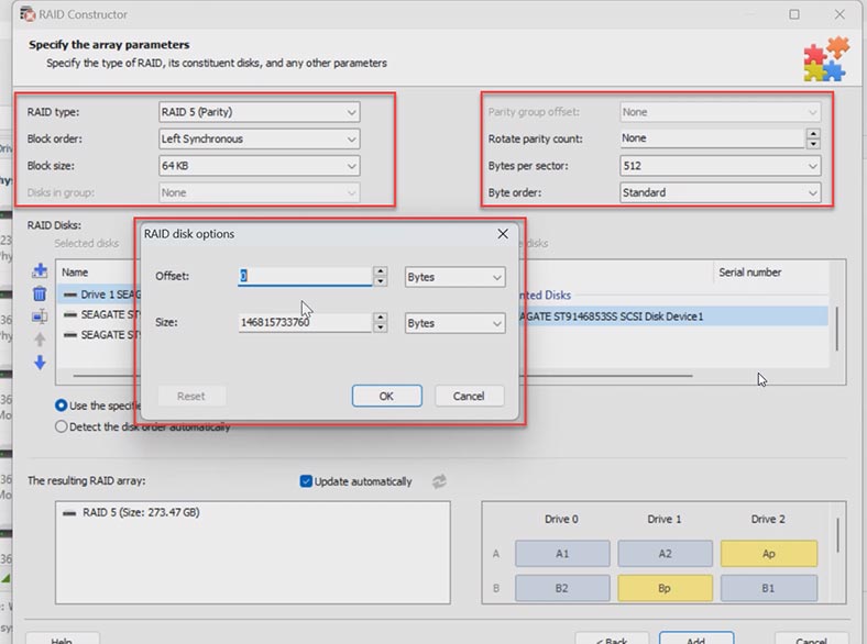 Configurações de RAID e deslocamento inicial do disco