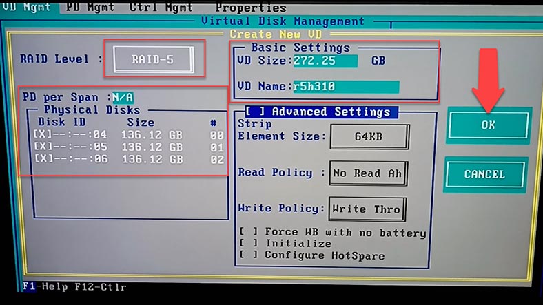 Especificar os parâmetros do futuro array RAID