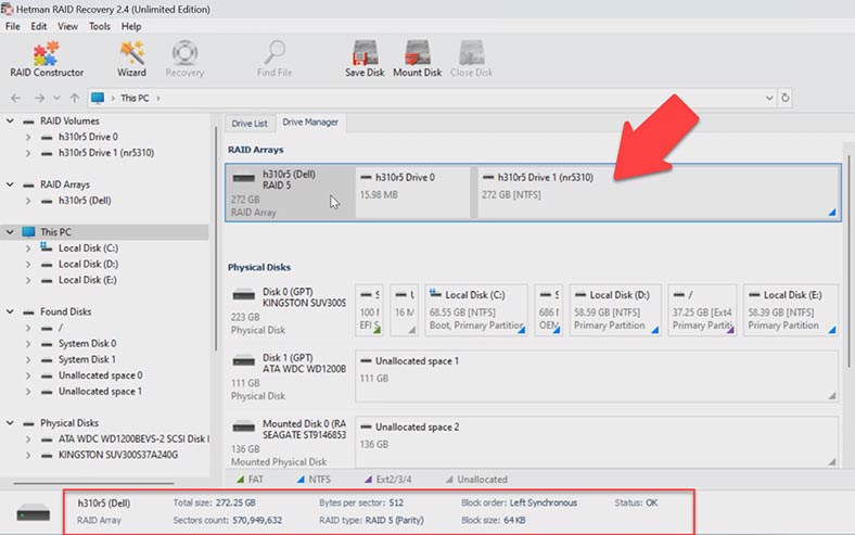 Hetman RAID Recovery ensambló automáticamente la matriz