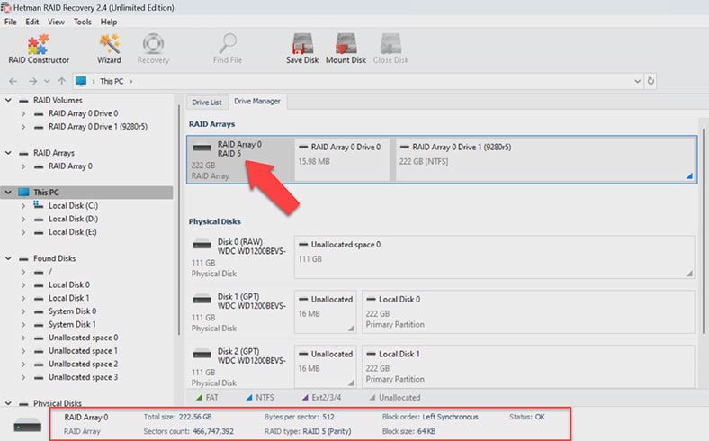 Hetman RAID Recovery reconstruyó automáticamente la matriz