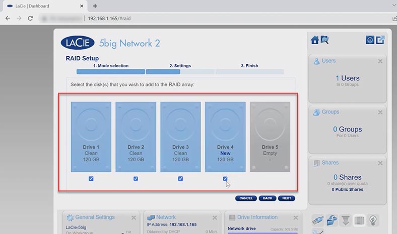 Select the disks for the array