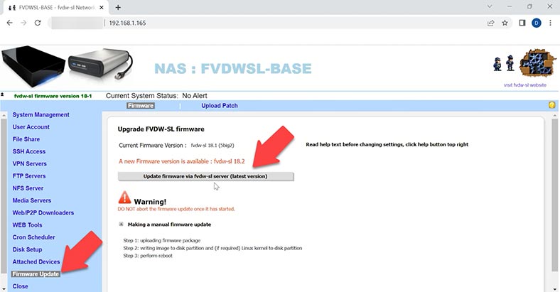 Atualizar firmware via servidor fvdw-sl versão mais recente