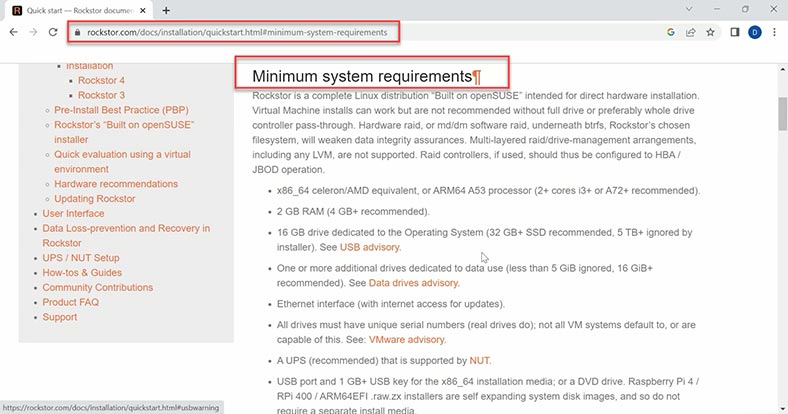 Configuration minimale requise pour le système d'exploitation Rockstor NAS