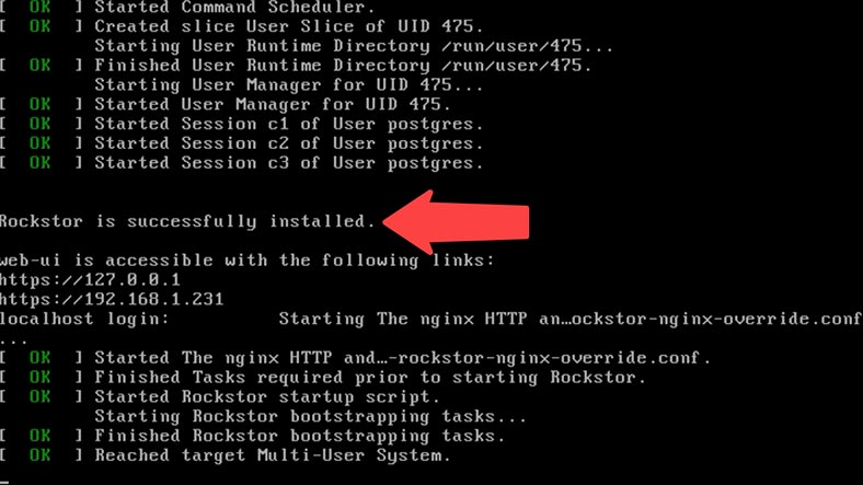 تم تثبيت برنامج Rockstor NAS بنجاح