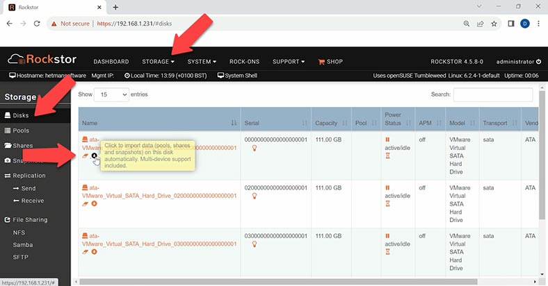 Storage – Disks – click to import data