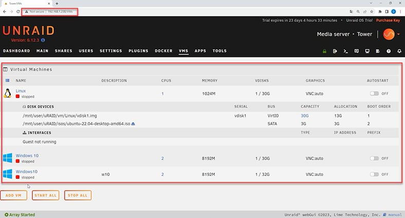 Suporte para máquina virtual Unraid OS