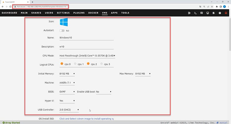 Enter virtual machine settings