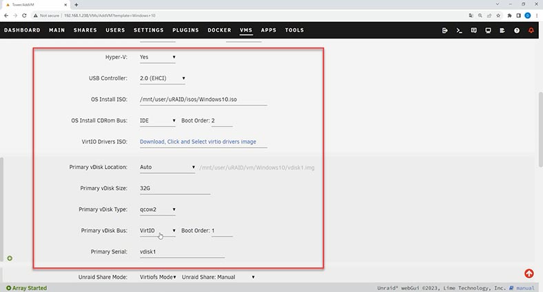 Virtual machine disk settings