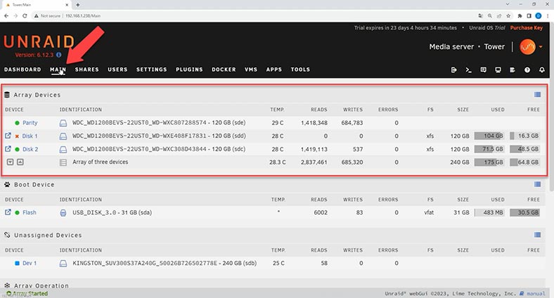 Armazenamento de dados do sistema operacional Unraid