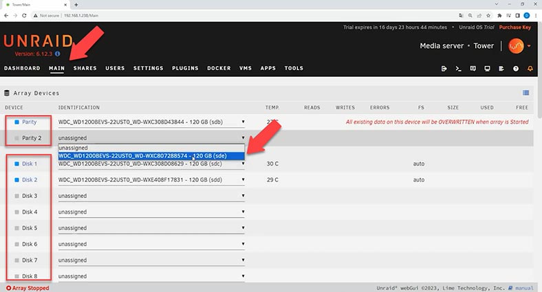 Selecionar array e discos de paridade