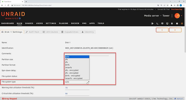 Selecionar sistema de arquivos em discos array