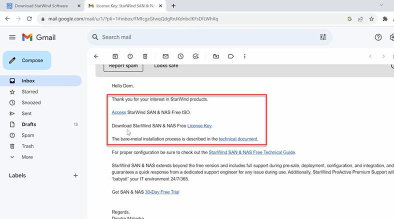 E-mail avec clé SAN et NAS StarWind