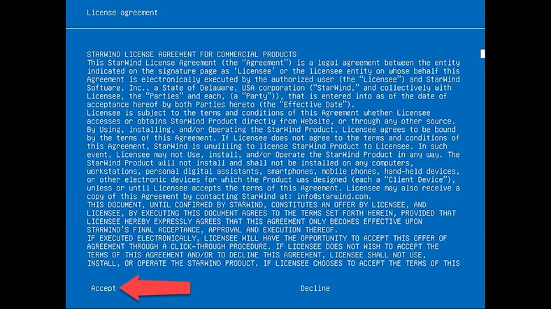 قم بقبول الإتفاقية StarWind SAN & NAS