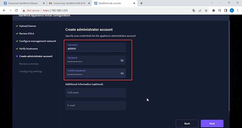 Set the administrator’s login and password