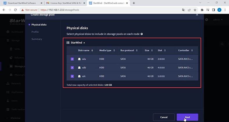 Select disks for the new pool