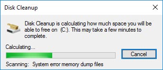 Disk Cleanup. The utility starts analyzing drive (C:) looking for files that can be deleted to free the disk space