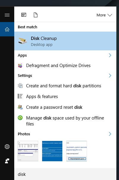 Left-click on Windows Search and enter Disk Cleanup