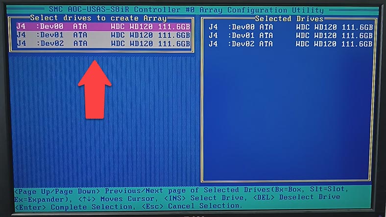 Selecione os discos para construir o array