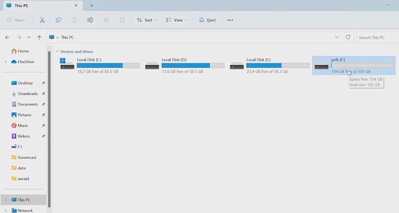 A ZFS disk in Windows File Explorer