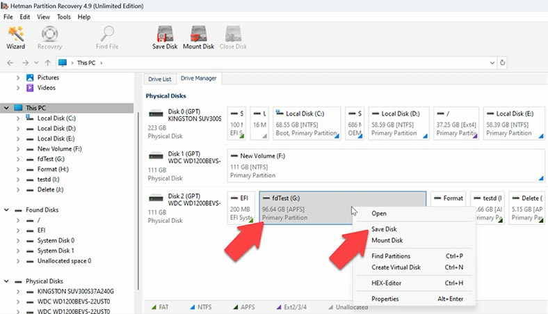 Création d'une image disque APFS avec Hetman Partition Recovery