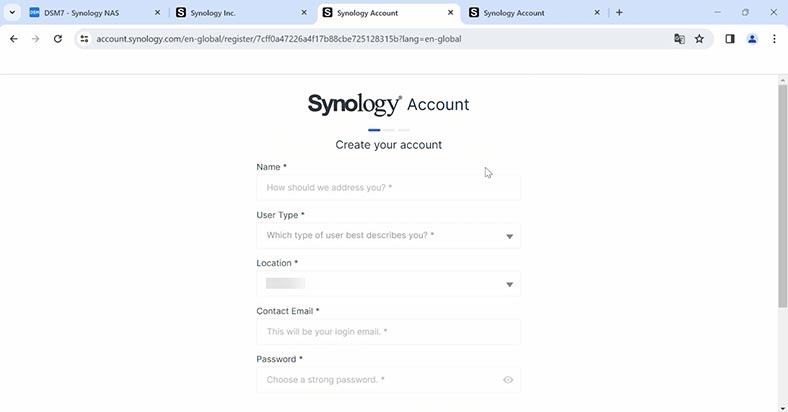 Registro de conta Synology