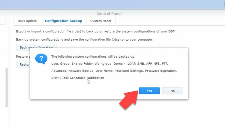 Mensagem com lista de configuração de backup