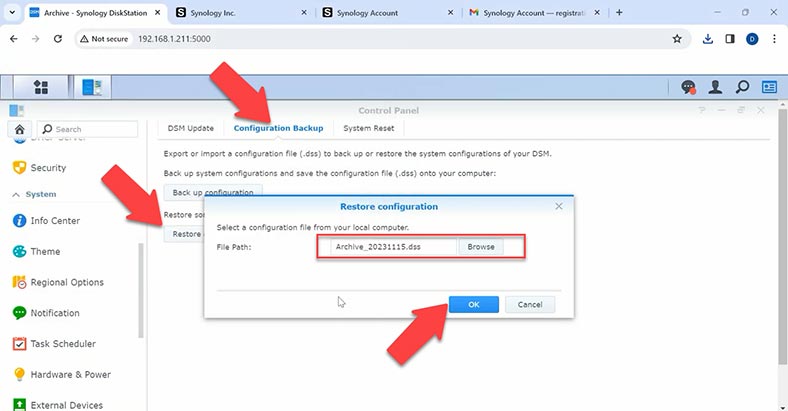 Restauración de la configuración de Synology DSM desde un archivo de copia de seguridad