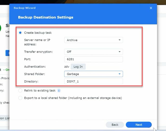 Especifique la configuración del segundo NAS