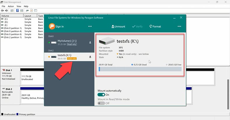 L'utilitaire a reconnu une clé USB XFS