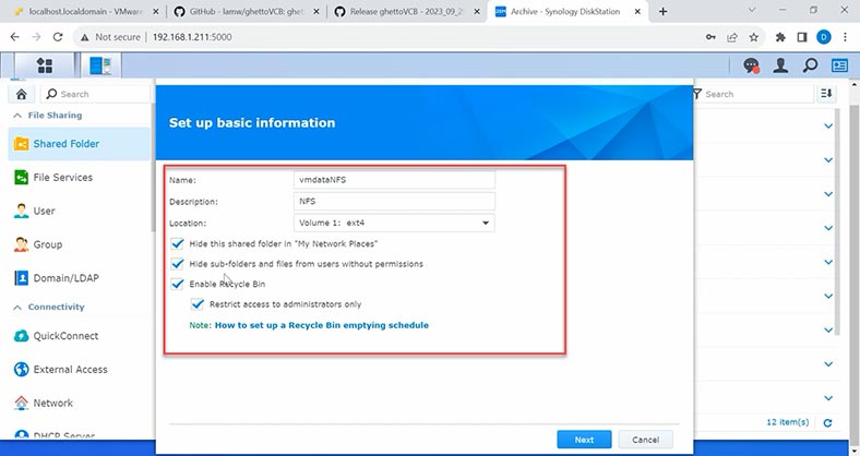 Creating a new Synology NAS shared folder