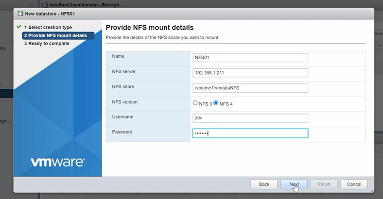 Configurações do armazenamento de dados NFS