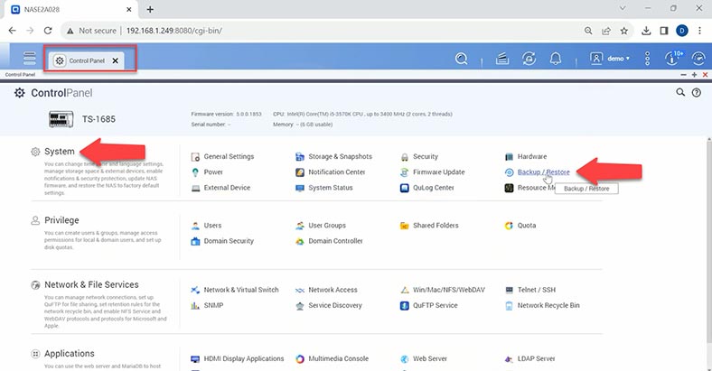 Control Panel - System - Backup / Restore