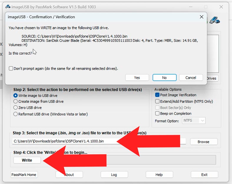 Etiquete la unidad flash USB y especifique la ruta al archivo OSFClone.bin