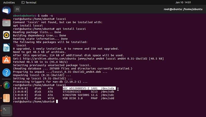 Use the lsscsi utility to identify the drives connected to this particular computer